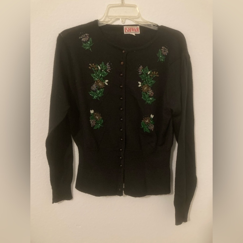 Vintage Ishtar Black Cardigan with Green Rhinestones. Size 3. 100% Laine/Wool